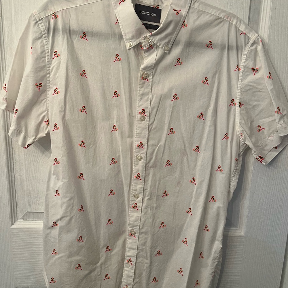 Bonobos Men’s Shirt White Short-Sleeve Button-Down w/Maracas Size L/Slim Fit